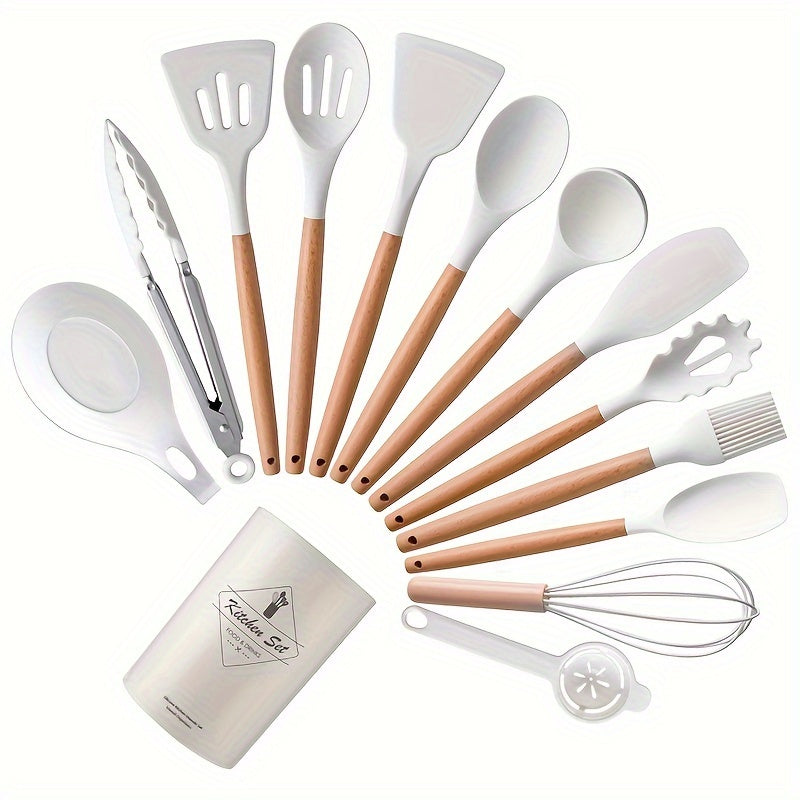 [Non-stick Pot Baking Set] Brodark 12pcs Set, Wooden Handle Silicone Kitchenware Set, Kitchen Baking Cooking Tools Set High Temperature Resistant Non-stick Pot Special Kitchenware, Kitchen Stuff Baking Supplie