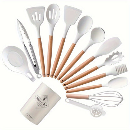 [Non-stick Pot Baking Set] Brodark 12pcs Set, Wooden Handle Silicone Kitchenware Set, Kitchen Baking Cooking Tools Set High Temperature Resistant Non-stick Pot Special Kitchenware, Kitchen Stuff Baking Supplie