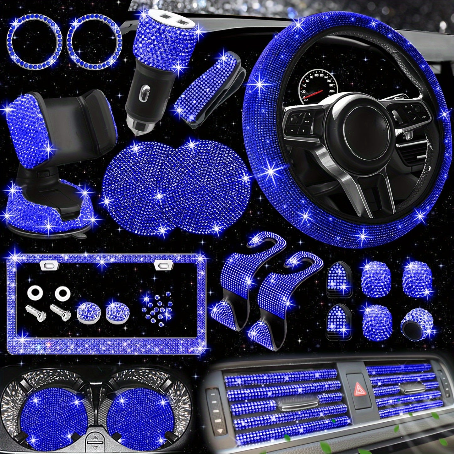 [27pcs Bling Car Accessories] 27pcs Bling Car Accessories Set For Women, Bling Steering Wheel Covers Universal Fit 15 Inch, Bling License Plate Frame, Phone Holder, Car Coasters