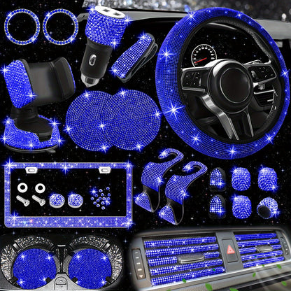 [27pcs Bling Car Accessories] 27pcs Bling Car Accessories Set For Women, Bling Steering Wheel Covers Universal Fit 15 Inch, Bling License Plate Frame, Phone Holder, Car Coasters