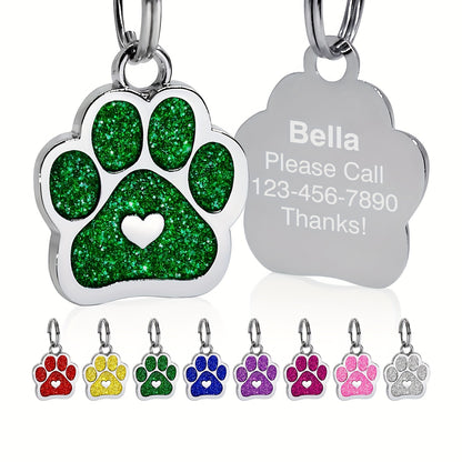Personalized Dog Tag with Engraved Heart and Paw Prints for Bling and Safety