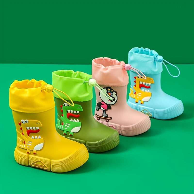 JIAGEYA Boys Girls EVA Drawstring Rain Boots, Cartoon Dinosaur Design Waterproof Soft Sole Anti Slip High Top Shoes For Rainy Weather