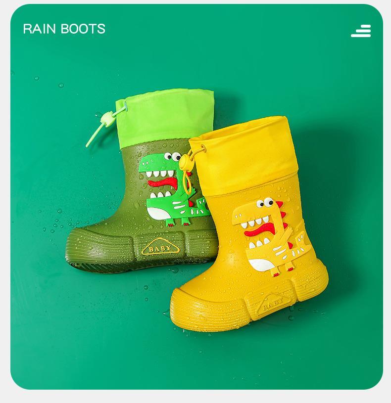 JIAGEYA Boys Girls EVA Drawstring Rain Boots, Cartoon Dinosaur Design Waterproof Soft Sole Anti Slip High Top Shoes For Rainy Weather