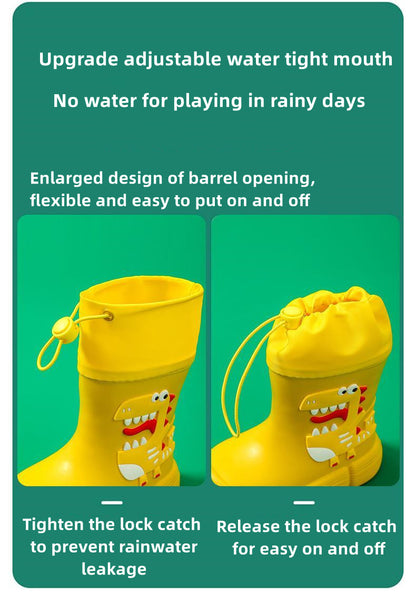 JIAGEYA Boys Girls EVA Drawstring Rain Boots, Cartoon Dinosaur Design Waterproof Soft Sole Anti Slip High Top Shoes For Rainy Weather