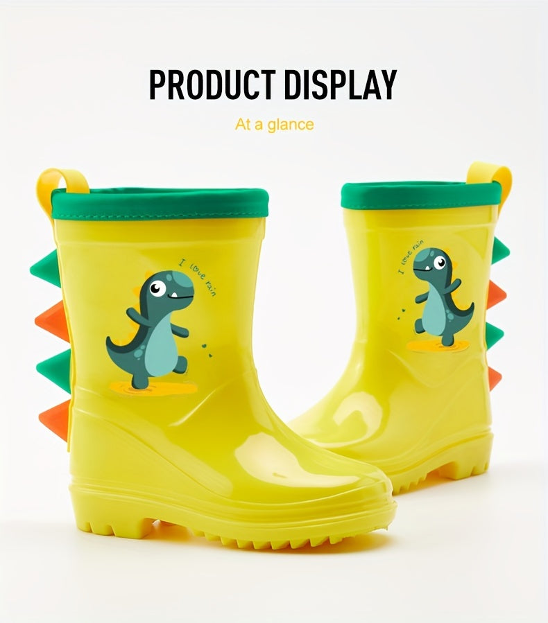 GentleChild Youngsters' Dinosaur Rain Boots - Waterproof, Anti-Slip, Mid-Calf Blue PVC Rain Shoes for Boys & Girls, Ages 1-8, with Cute Cartoon Design & Spikes for Enhanced Grip