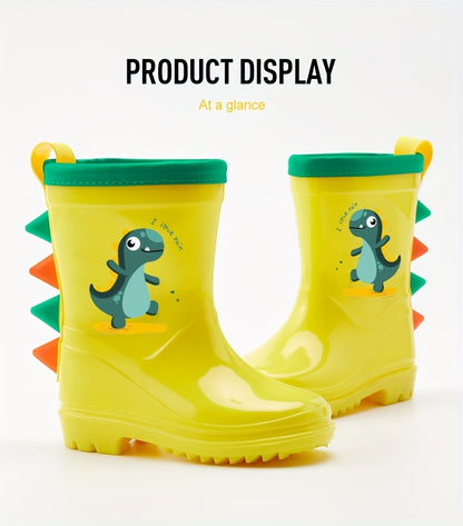 GentleChild Youngsters' Dinosaur Rain Boots - Waterproof, Anti-Slip, Mid-Calf Blue PVC Rain Shoes for Boys & Girls, Ages 1-8, with Cute Cartoon Design & Spikes for Enhanced Grip