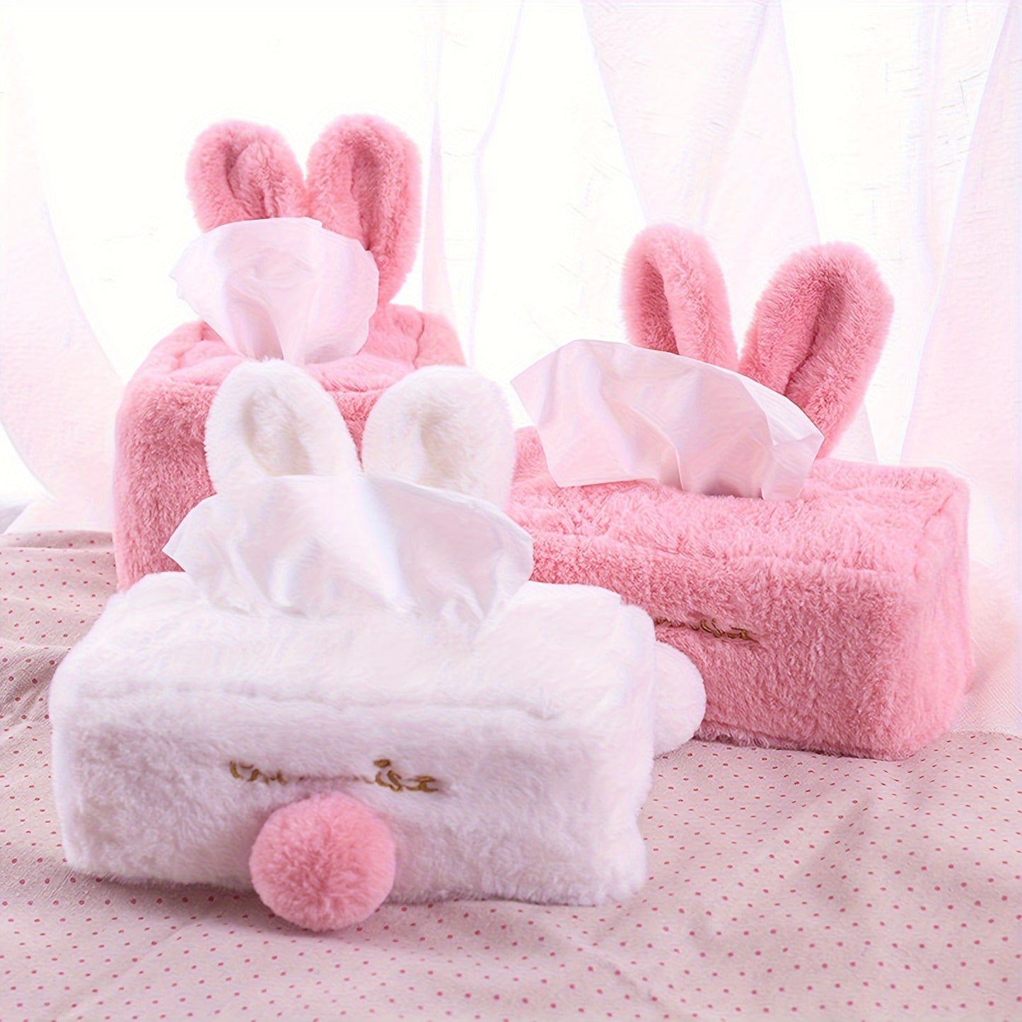 1pc Plush Rabbit Tissue Box, Cartoon Cute Tissue Cover, Car Accessories, Car Decor, Draw Hole Paper Box, Pink Rabbit Tissue Box, Long Ears Cloth Cover, Living Room Kitchen Bathroom Bedroom Office Accessories, Room Decor, Home