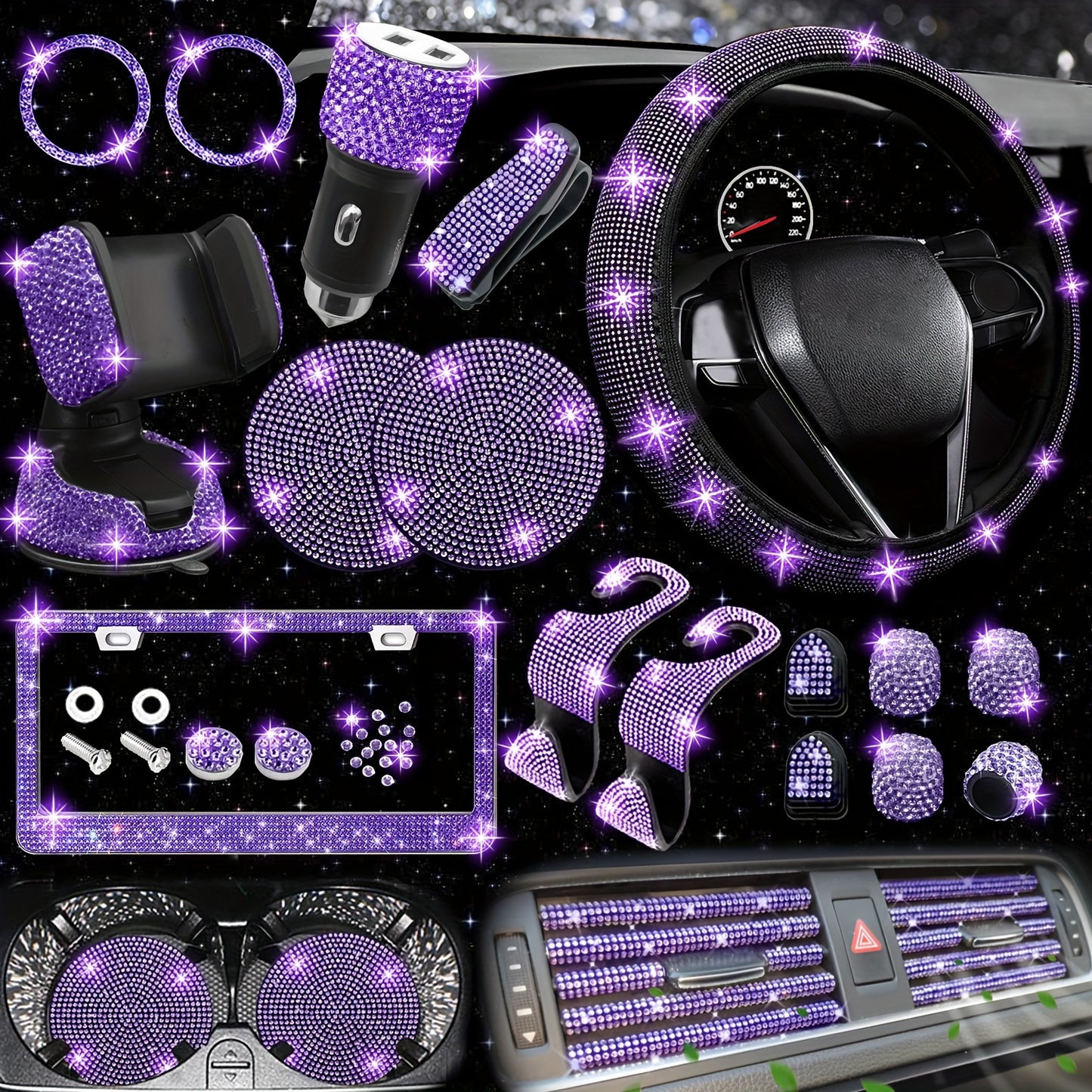 [27pcs Bling Car Accessories] 27pcs Bling Car Accessories Set For Women, Bling Steering Wheel Covers Universal Fit 15 Inch, Bling License Plate Frame, Phone Holder, Car Coasters