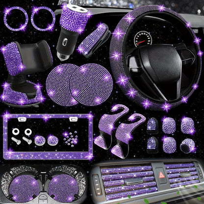 [27pcs Bling Car Accessories] 27pcs Bling Car Accessories Set For Women, Bling Steering Wheel Covers Universal Fit 15 Inch, Bling License Plate Frame, Phone Holder, Car Coasters