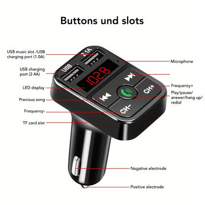 Wireless Car FM Transmitter Kit - 5.0 Bluetooth MP3 Player, Handsfree Audio Receiver, 2.1A Dual USB Phone Charger, and Car Accessories for Universal Vehicles - Easy to Use, Compact Design