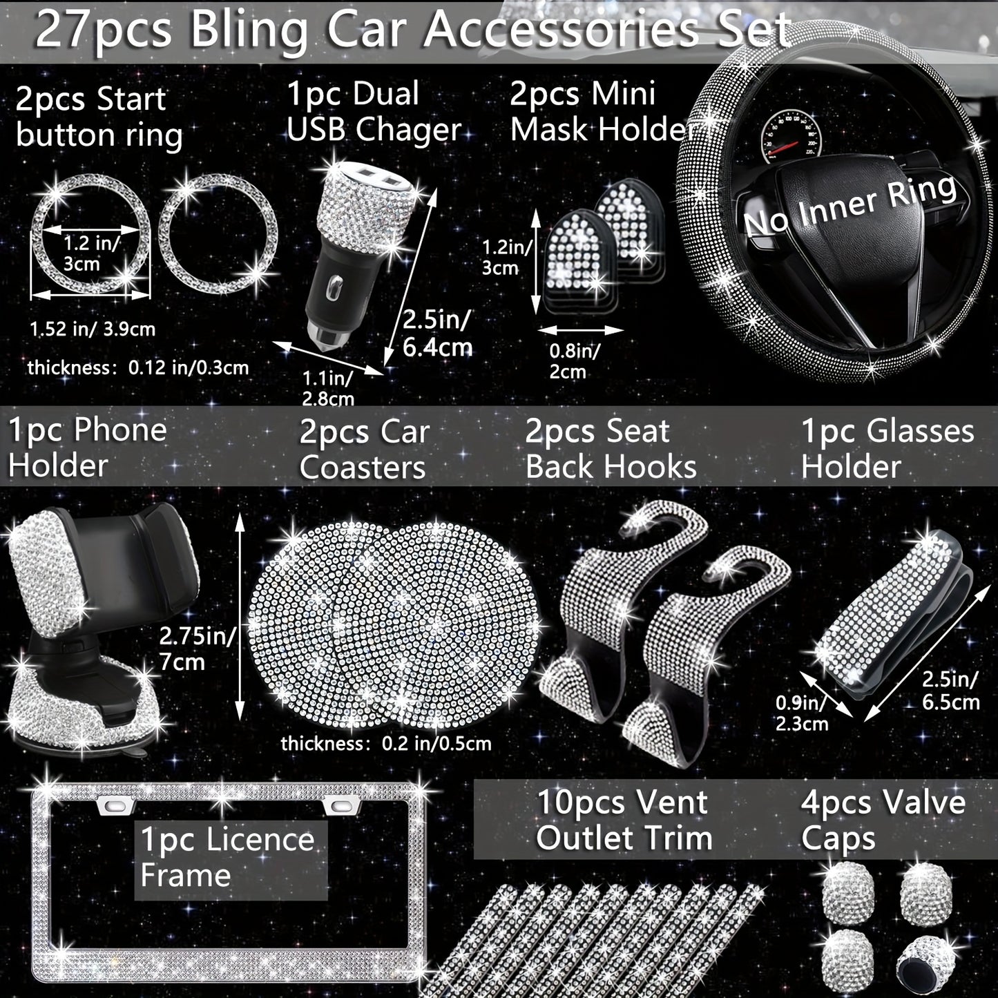 [27pcs Bling Car Accessories] 27pcs Bling Car Accessories Set For Women, Bling Steering Wheel Covers Universal Fit 15 Inch, Bling License Plate Frame, Phone Holder, Car Coasters