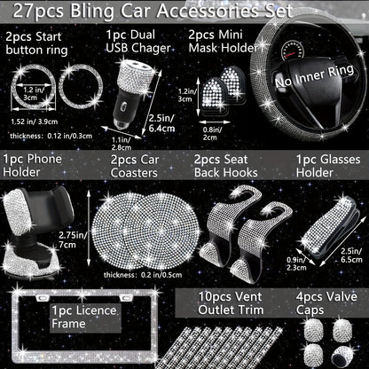 [27pcs Bling Car Accessories] 27pcs Bling Car Accessories Set For Women, Bling Steering Wheel Covers Universal Fit 15 Inch, Bling License Plate Frame, Phone Holder, Car Coasters