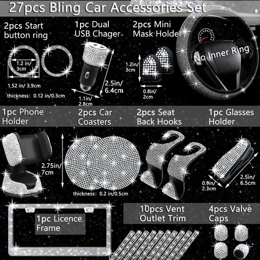 [27pcs Bling Car Accessories] 27pcs Bling Car Accessories Set For Women, Bling Steering Wheel Covers Universal Fit 15 Inch, Bling License Plate Frame, Phone Holder, Car Coasters