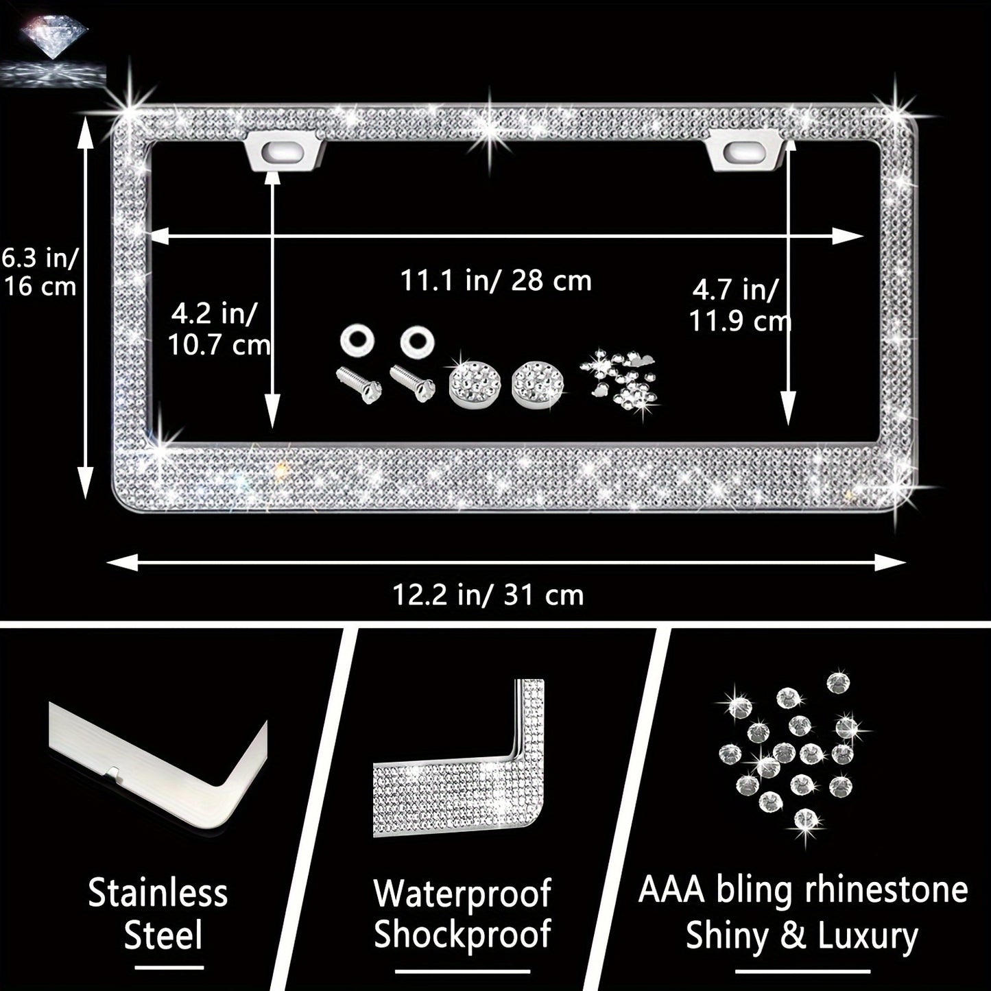 [27pcs Bling Car Accessories] 27pcs Bling Car Accessories Set For Women, Bling Steering Wheel Covers Universal Fit 15 Inch, Bling License Plate Frame, Phone Holder, Car Coasters