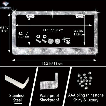 [27pcs Bling Car Accessories] 27pcs Bling Car Accessories Set For Women, Bling Steering Wheel Covers Universal Fit 15 Inch, Bling License Plate Frame, Phone Holder, Car Coasters