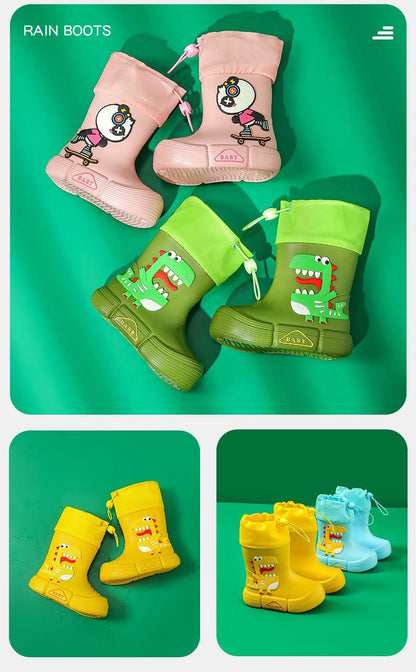 JIAGEYA Boys Girls EVA Drawstring Rain Boots, Cartoon Dinosaur Design Waterproof Soft Sole Anti Slip High Top Shoes For Rainy Weather