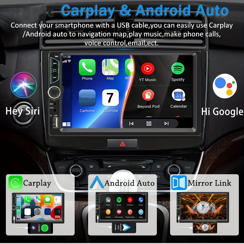 7 Inch Double Din Car Stereo Android Auto Carplay Car Radio HD Touch Screen Car Video Player With Rear View Camera Mirror Link Voice Control GPS Navigation FM/USB/TF/AUX Input, Car Accessories