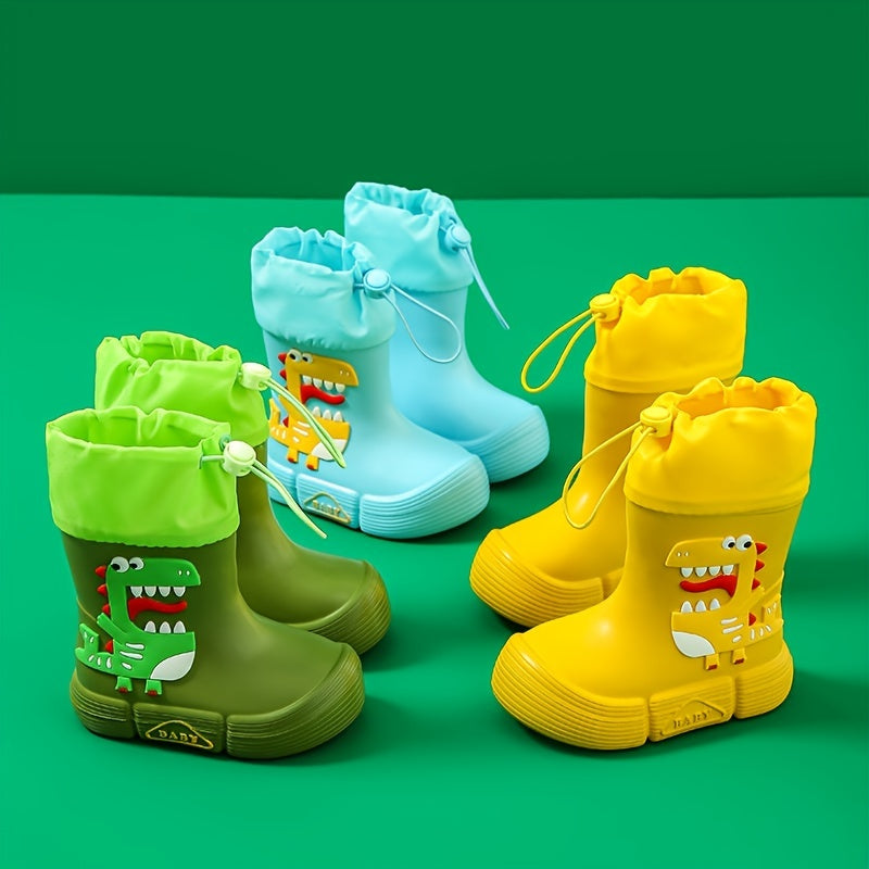JIAGEYA Boys Girls EVA Drawstring Rain Boots, Cartoon Dinosaur Design Waterproof Soft Sole Anti Slip High Top Shoes For Rainy Weather