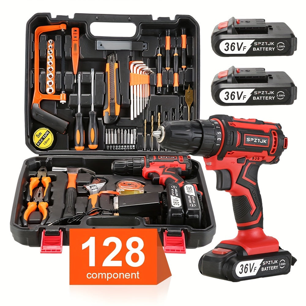 [Cordless Power Drill] 128Pcs 36V Cordless Power Drill Set, Electric Drill Set with 2 Battery - Household Tools Set, Cordless Impact Wrench, Hand Tool Set Kit, Ratcheting Screwdriver Set, Cordless Electric Screwdriver Kit, Ea