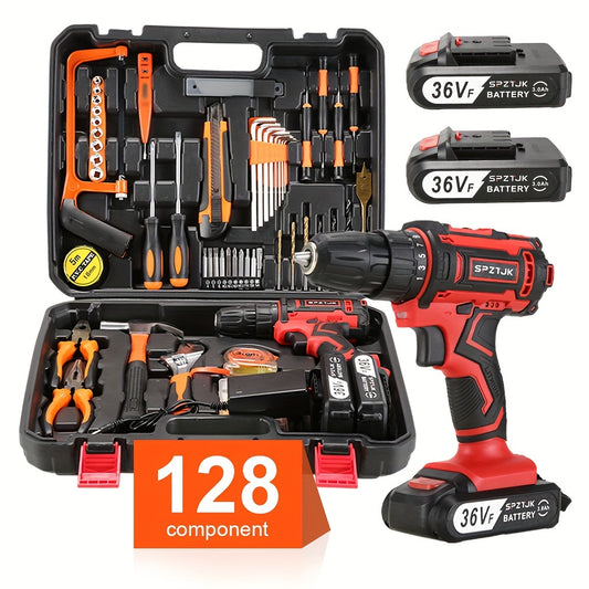 [Cordless Power Drill] 128Pcs 36V Cordless Power Drill Set, Electric Drill Set with 2 Battery - Household Tools Set, Cordless Impact Wrench, Hand Tool Set Kit, Ratcheting Screwdriver Set, Cordless Electric Screwdriver Kit, Ea