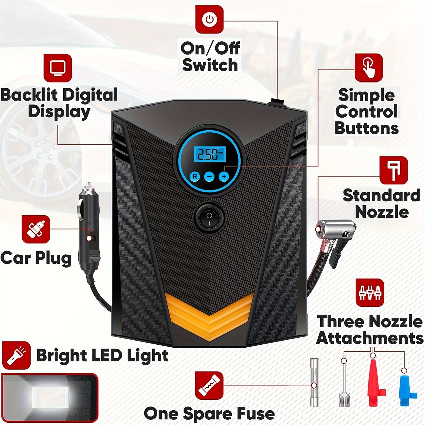 Tire Inflator Air Compressor 12V DC Portable Air Compressor Car Accessories Auto Tire Pump 100PSI With LED Light Digital Air Pump For Car Tires Bicycles Other Inflatables