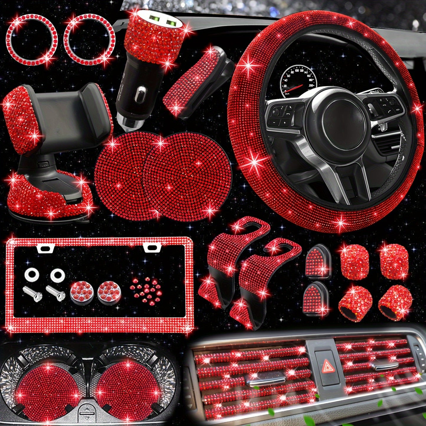 [27pcs Bling Car Accessories] 27pcs Bling Car Accessories Set For Women, Bling Steering Wheel Covers Universal Fit 15 Inch, Bling License Plate Frame, Phone Holder, Car Coasters