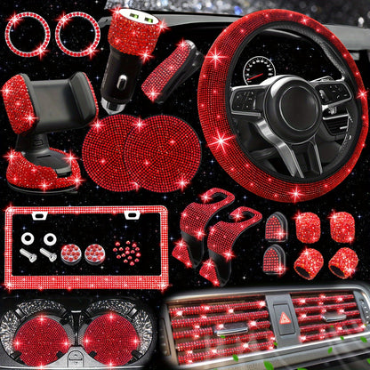 [27pcs Bling Car Accessories] 27pcs Bling Car Accessories Set For Women, Bling Steering Wheel Covers Universal Fit 15 Inch, Bling License Plate Frame, Phone Holder, Car Coasters