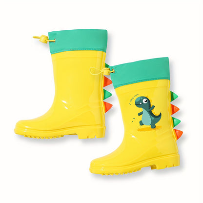 GentleChild Youngsters' Dinosaur Rain Boots - Waterproof, Anti-Slip, Mid-Calf Blue PVC Rain Shoes for Boys & Girls, Ages 1-8, with Cute Cartoon Design & Spikes for Enhanced Grip