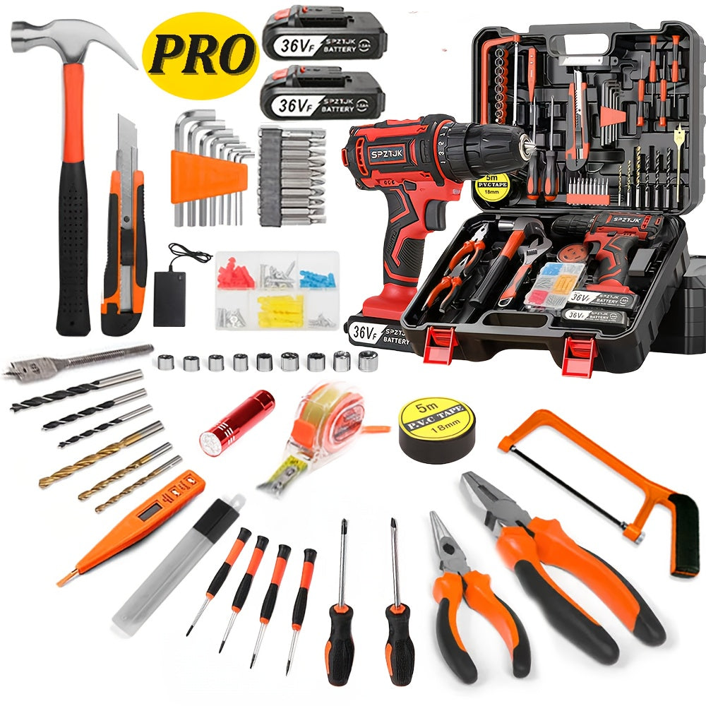 [Cordless Power Drill] 128Pcs 36V Cordless Power Drill Set, Electric Drill Set with 2 Battery - Household Tools Set, Cordless Impact Wrench, Hand Tool Set Kit, Ratcheting Screwdriver Set, Cordless Electric Screwdriver Kit, Ea