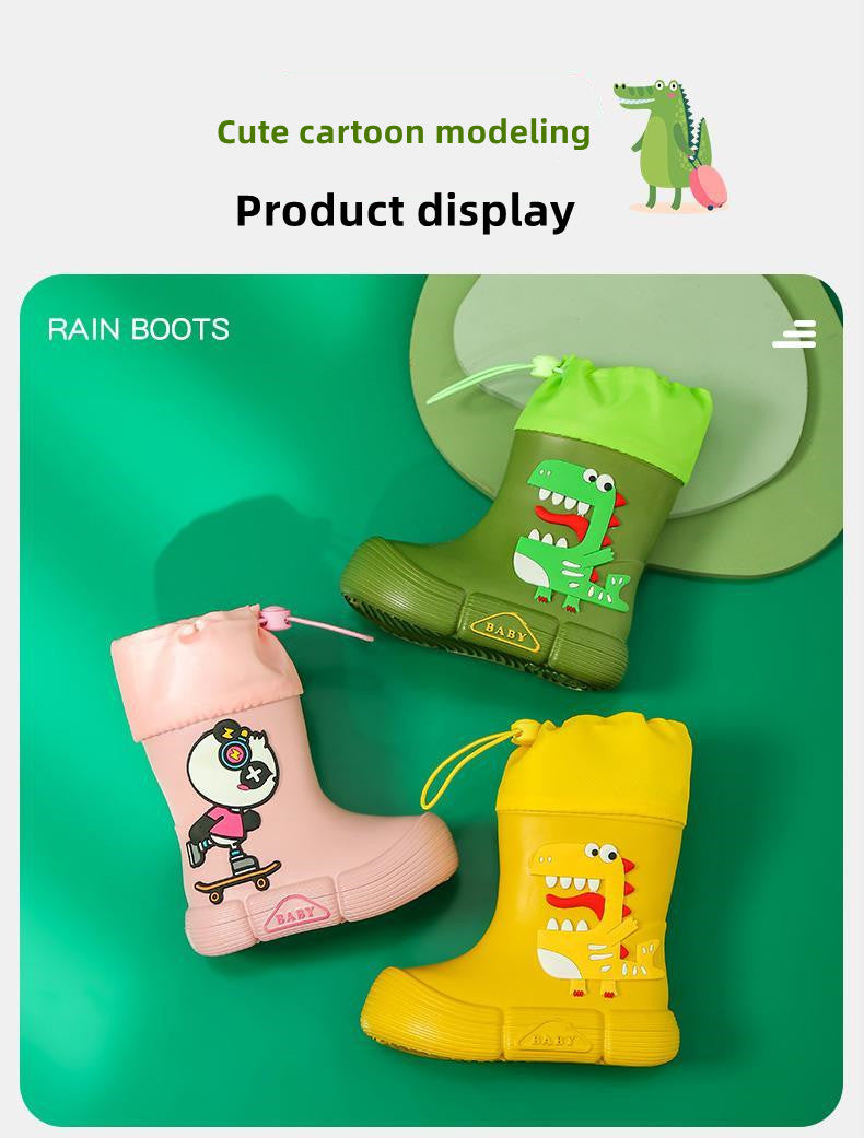 JIAGEYA Boys Girls EVA Drawstring Rain Boots, Cartoon Dinosaur Design Waterproof Soft Sole Anti Slip High Top Shoes For Rainy Weather
