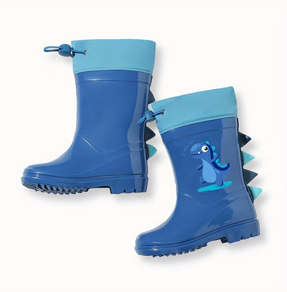 GentleChild Youngsters' Dinosaur Rain Boots - Waterproof, Anti-Slip, Mid-Calf Blue PVC Rain Shoes for Boys & Girls, Ages 1-8, with Cute Cartoon Design & Spikes for Enhanced Grip